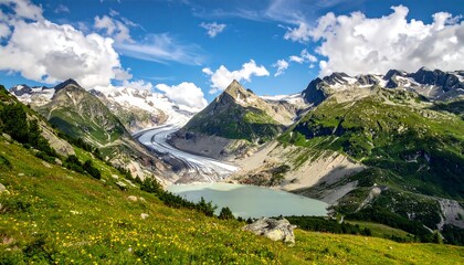 Obraz premium Mountain glacier flowing into an alpine lake, green meadow, blue sky with clouds
