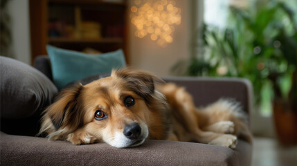 Faceless brushing moment on a dog lying on a sofa, cozy home atmosphere blurred in the distance, with copy space