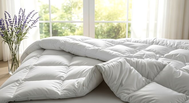 White down comforter with lavender in glass vase by window duvet bedding