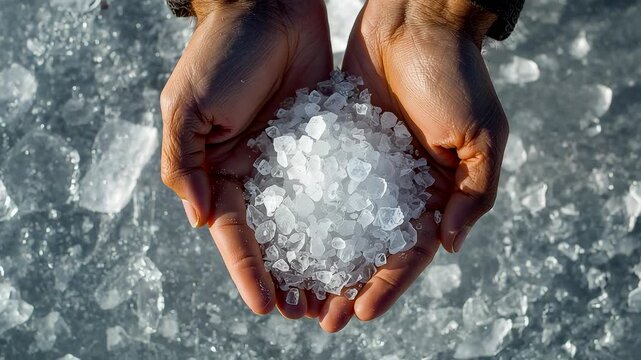 Hands gently holding a pile of clear ice crystals outdoors on a frozen surface with natural sunlight creating bright reflections and texture