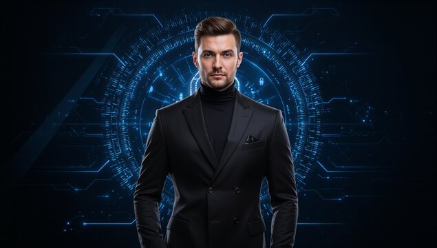 Handsome executive in a modern suit standing confidently against a digital cybersecurity background, perfect for tech or business designs and visual narratives