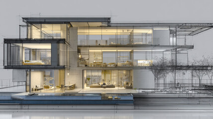 Multi-Story Modern Luxury House with Glass Walls, Pool, and Interior Lighting, Symbolizing Design, Engineering, and Real Estate Development