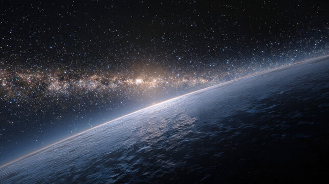 planetary surface meeting dark expanse of space. Milky Way stretches across sky, while a bright distant light source creates a glow along cold, rugged alien horizon, symbolizing astronomy, exploration