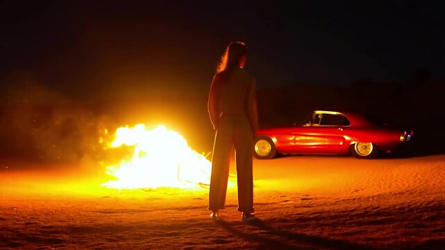 desert night silhouette campfire retro car travel dark woman automobile fire flame light