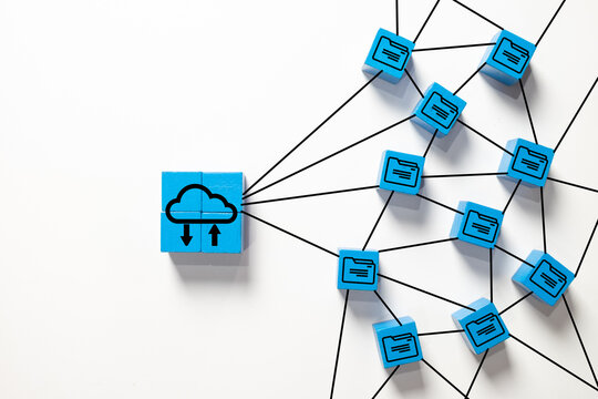Cloud computing and data storage network concept. Central cloud icon connected to file folder icons, symbolizing server synchronization, digital backup, and information sharing on a white background.