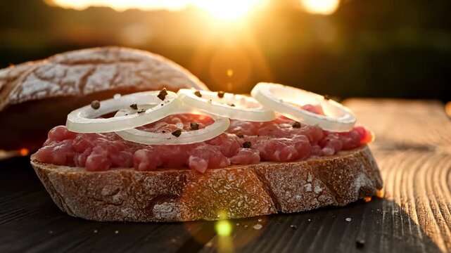 A slice of bread topped with raw meat and onion rings sits on a wooden table as the sun sets. The warm glow enhances the colors of the meat and the bread, creating a cozy scene.