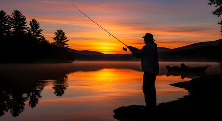 Fisherman casts line at sunrise over misty lake with colorful sky.