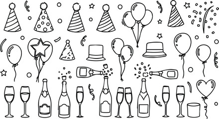 Party Celebration Icon Doodle Pack – Champagne, Balloons & Confetti Vector