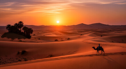 Camel rider in vast desert landscape at stunning orange sunset