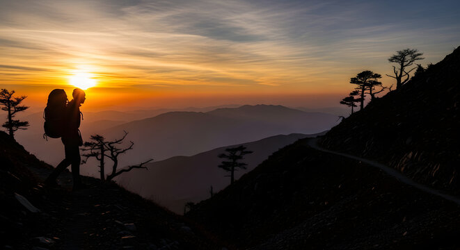 Hiker silhouette ascending mountain trail during serene sunset glow