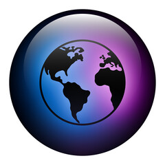 Glass Round Earth Globe Button icon with Blue and Purple Neon Light