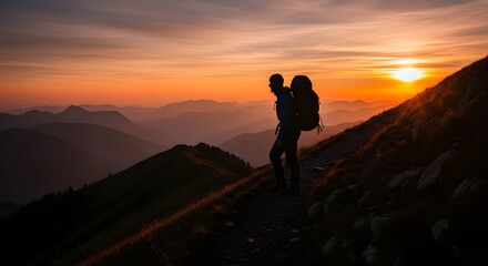 Hiker with backpack watches sunset on a mountain ridge trail