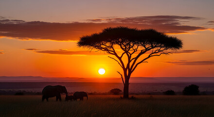 Majestic african savanna sunset with elephants and acacia tree
