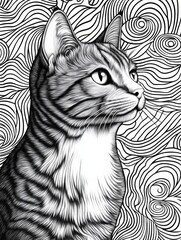 Fototapeta premium Selective focus. Hand-drawn cat illustration with bold black and white lines. Adult coloring page featuring detailed black and white cat design