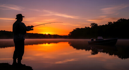 Fisherman silhouette casting rod at sunrise on calm foggy lake