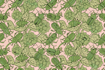 Obraz premium Green doodle beetles and floral elements seamless pattern on pink background insect hand drawn