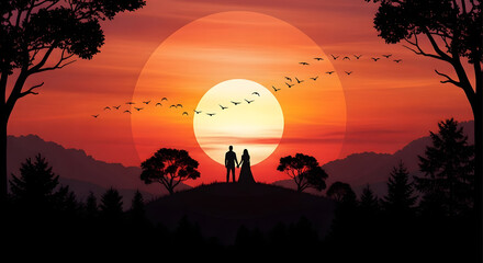 Romantic couple standing on a hill at sunset with flying birds