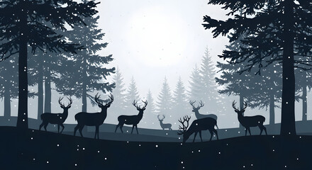 Deer silhouettes wander a serene winter forest with falling snow