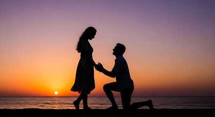Romantic marriage proposal on beach at beautiful sunset silhouette.