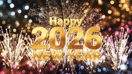 A spectacular cinematic title animation celebrating the arrival of "2026 Happy New Year" appears in bold, metallic gold 3D typography, illuminated by dramatic volumetric lighting fireworks.