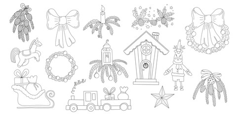 Set of Christmas doodles wreaths for doors, candles, a deer, and various arrangements with fir branches and pine cones, сhristmas house, a train and a sleigh with gifts