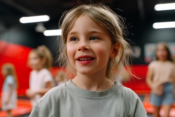 A girl joyfully jumping on a bright trampoline displays playful energy and happiness, with friends around her enjoying the vivid, cheerful environment.