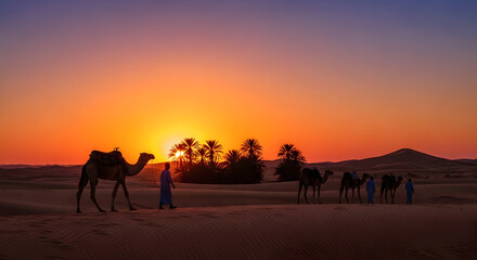 Desert sunset with camel caravan, people, and oasis palm trees