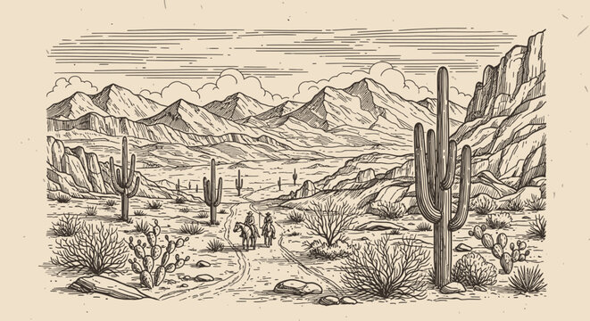 Hand-Drawn Wild West Desert Landscape Sketch - Cowboy & Saguaro Cactus Vector Art