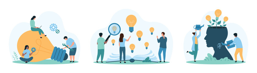 Support in creative idea development, quality analysis and mentorship set. Tiny people research flying light bulbs from open science book, growing lamps inside human head cartoon vector illustration