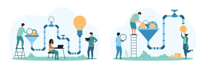 Idea creation and monetization process set. Tiny people work with funnel and pipeline with light bulb connection for business projects, make money with solution filter cartoon vector illustration