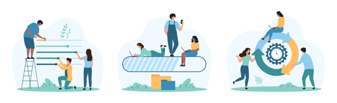 Status bar of loading progress in digital website UI. Tiny people wait time of data download and update process with round and line indicator charts, slide toggles cartoon vector illustration