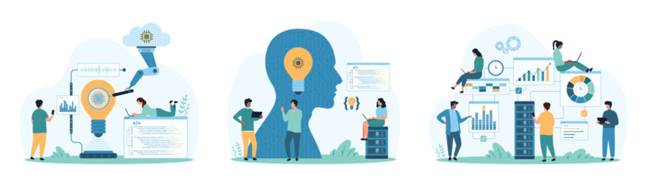 Data processing in computing system, engineering with AI set. Tiny people and cloud bot research light bulb with circuit and charts, coding with help of digital brain cartoon vector illustration