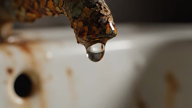 Leaky Faucet CloseUp A Macro View of Water Droplets and Rust Showcasing Water Waste and Deterioration in a Home Plumbing System Ideal for Environmental and Home Repair Concepts.