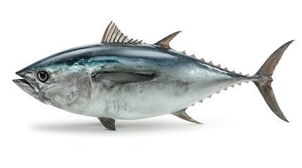Fototapeta premium A whole fresh uncooked bluefin tuna fish with shimmering scales and fins isolated on a clean white background