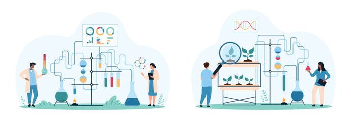 Chemistry, biology and biotechnology research set. Tiny people study with magnifying glass growing plants, reaction on reagents in test tubes, pipe system and lab burner cartoon vector illustration