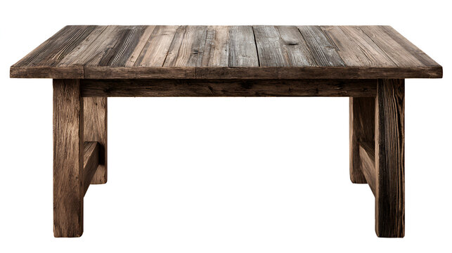 Rustic weathered wooden table with a rough textured surface and sturdy legs isolated on a white background for versatile use