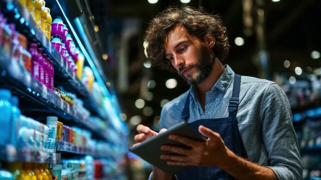 A focused store employee diligently inspecting inventory on a tablet in an aisle filled with colorful products, showcasing a blend of modern technology and retail management skills.