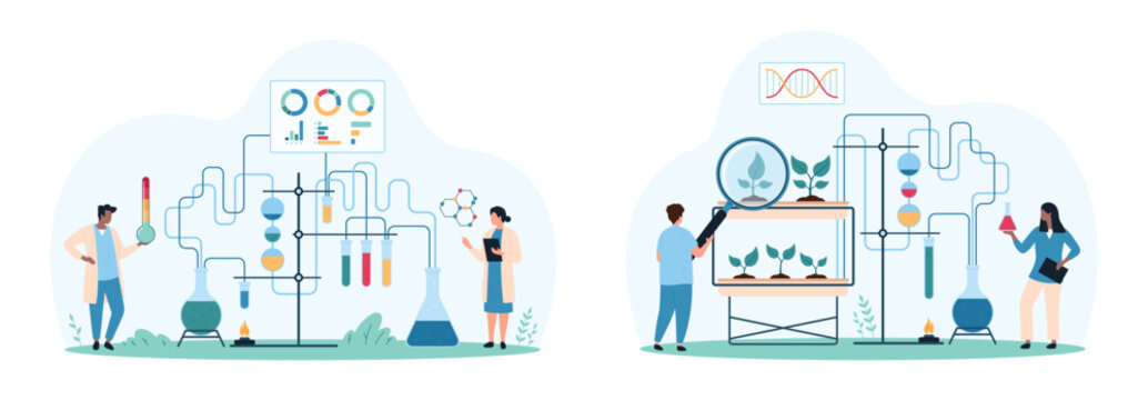 Chemistry, biology and biotechnology research set. Tiny people study with magnifying glass growing plants, reaction on reagents in test tubes, pipe system and lab burner cartoon vector illustration