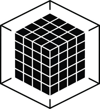 solid black voxel grid inside cube, flat design, single shape, minimalist 3D icon, transparent background, data visualization symbol, digital technology