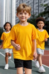 Multicultural children race together on a track, radiating enthusiasm, teamwork, and the playful energy of colorful athletic outfits.