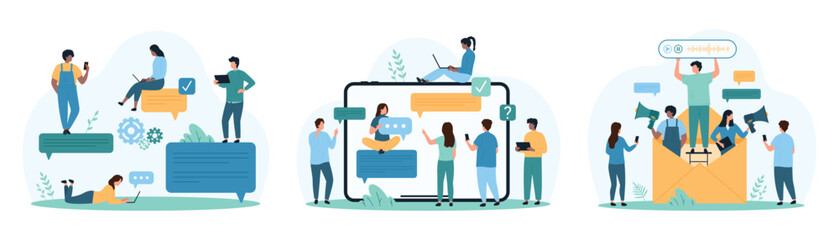 Chat communication via text and voice messages set. Tiny people send audio mail, holding push notification and speech bubbles of text SMS in messenger on tablet screen cartoon vector illustration