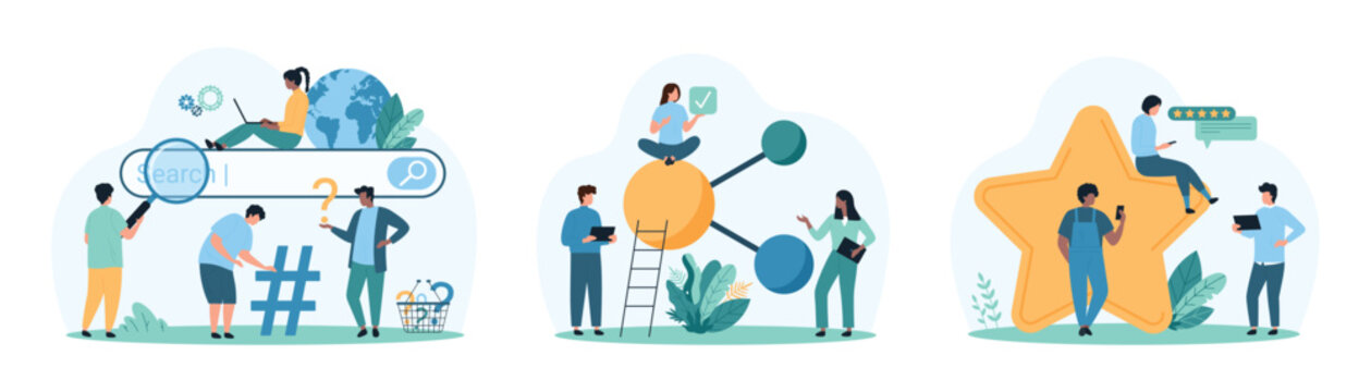 Customer review, data search optimization set. Tiny people work with hub network connection in structure of molecule, use browser bar with magnifying glass, rate experience cartoon vector illustration