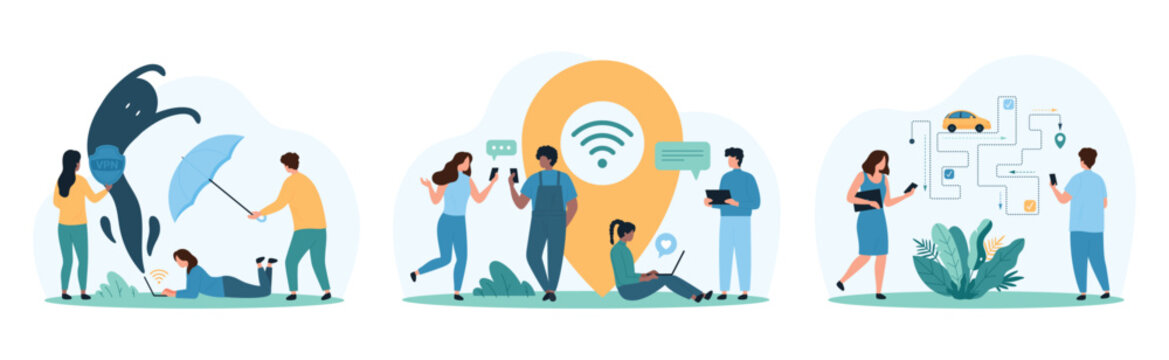 GPS navigation, VPN service set. Tiny people work with location pin for tracking online car route on city map, protect network and access with proxy server and umbrella cartoon vector illustration