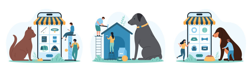 Pet care and online shopping set. Tiny people building dog kennel for cute giant puppy, choose food and toys purchases in menu on smartphone screen for dog and cat cartoon vector illustration