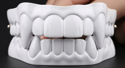 Fototapeta premium Close-up of a set of white plastic vampire teeth, perfect for costumes.