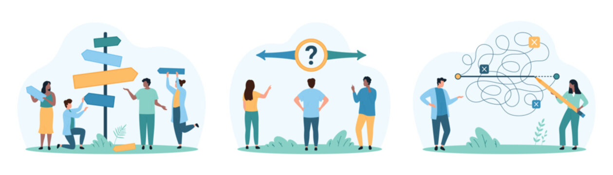 Making decision, answer to question choice set. Tiny people choose right or left path on crossroads with arrows, draw shortcut line with pencil to solve complicated problem cartoon vector illustration