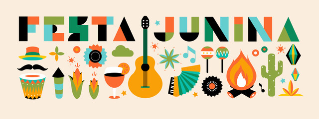 Festa junina poster with geometric pattern. Summer brazilian carnival banner with icons of music, lanterns, flowers, hats and flags. Geometric banner of june festival in Brazil, vector illustration