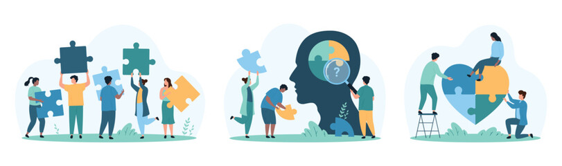 Creative thinking, success cooperation in problem solving set. Tiny people holding puzzle pieces, connect jigsaw parts in heart shape and in combination inside human head cartoon vector illustration