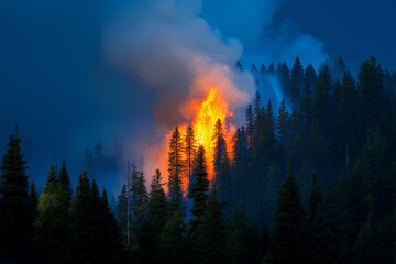 A raging fire overtakes the hillside forest at night, producing bright flames and thick smoke that light up the sky.
