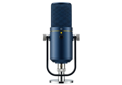 Isolated blue microphone for audio recording on desktop stand in front of white area studio - Powered by Adobe